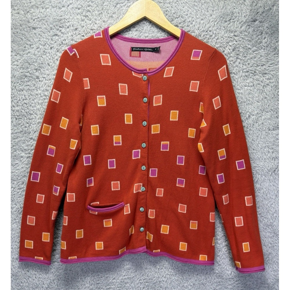 Gudrun Sjoden Orange Geometric Cardigan Sweater Button Front Pocket Cotton Small